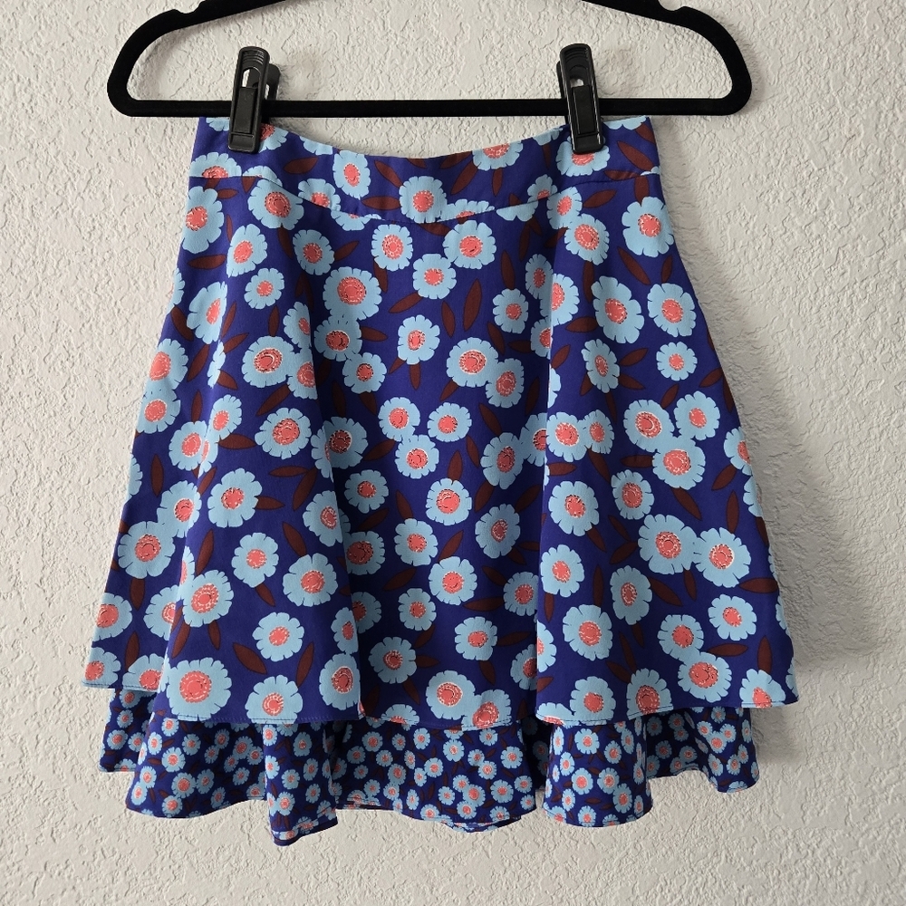Kate Spade New York Size 2 Silk Tangier Floral‎ Double Layer Skirt Cobalt Blue